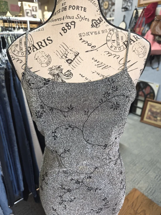 Vintage Y2K Rocket Candy Silver Sparkle Slip Prom Dress Black Floral Pattern - Picture 2 of 11